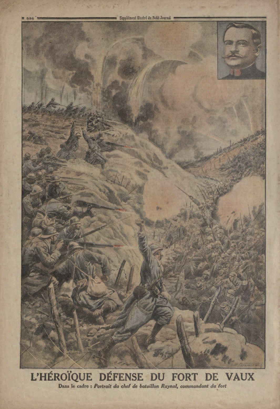 25/06/1916 – gravure n°10 :  «l’héroïque défense du fort de Vaux. Dans le cadre : portrait du chef de bataillon Raynal, commandant du fort»