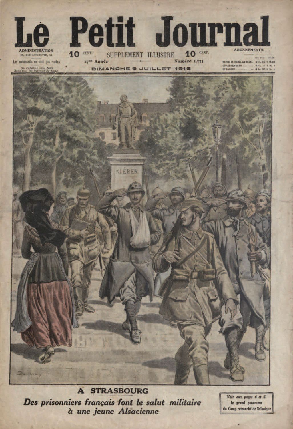 09/07/1916 – gravure n°11 :  « À Strasbourg. Des prisonniers français font le salut militaire à une jeune alsacienne»