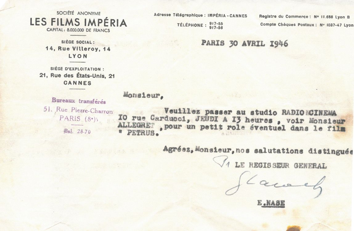 Lettre envoyée par la Société anonyme des Films Imperia à Georges Bardoux le 30 avril 1946. 