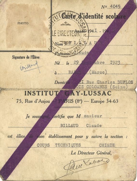 Carte d’identité scolaire de l’Institut Gay-Lussac où Claude Billand prenait des cours de chimie, 1941