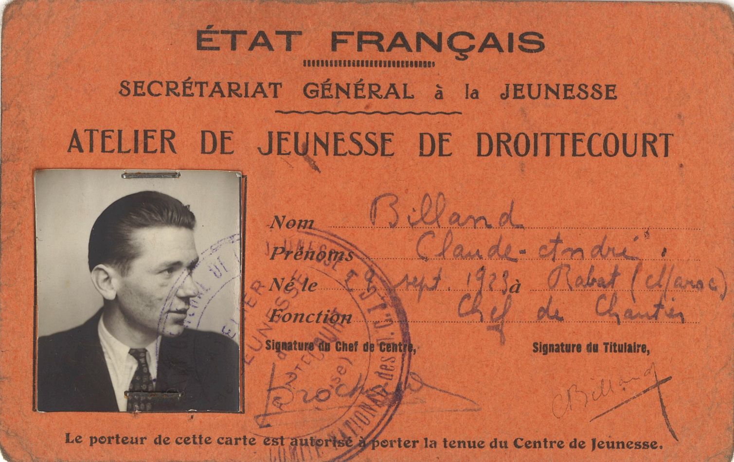Carte de travailleur à l’atelier de jeunesse de Droittecourt (Seine-et-Oise) ayant appartenu à Claude Billand, années 1940