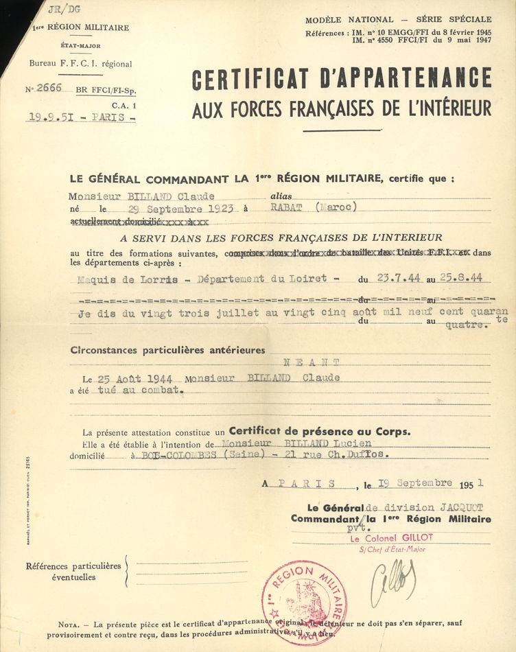 Certificat d’appartenance aux Forces françaises de l’Intérieur (maquis de Lorris) décerné à titre posthume à Claude Billand, 19/09/1951