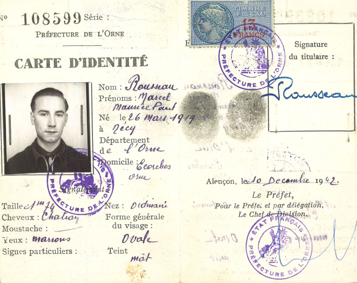Fausse carte d’identité de Marcel Voyer (au nom de Marcel Rousseau), réalisée après son retour du STO, 1942